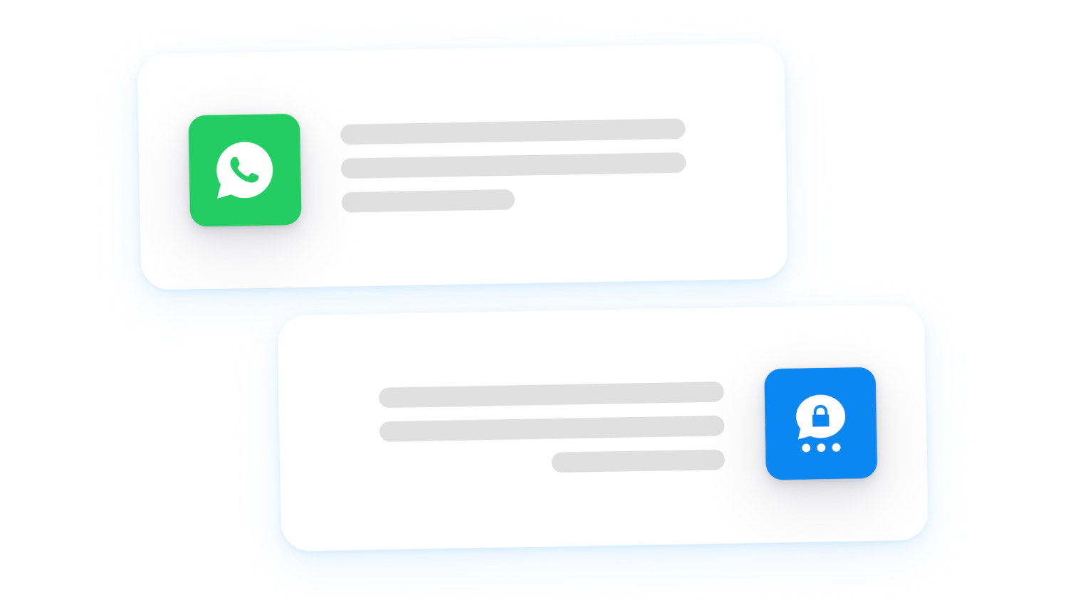Two message cards: top with green WhatsApp icon and placeholder text, bottom with blue secure chat padlock icon and placeholder text.